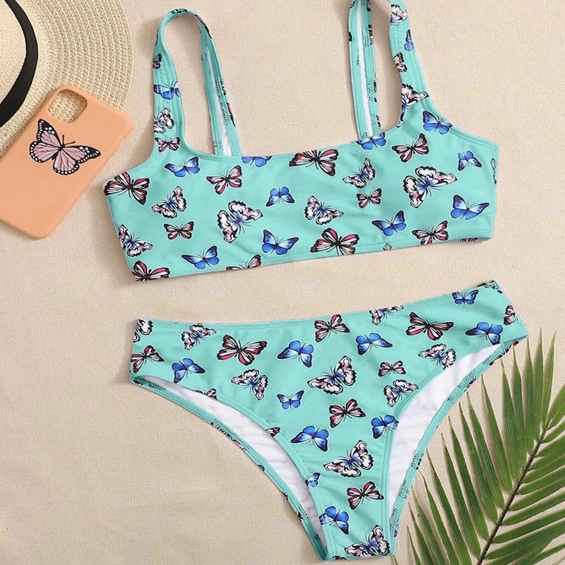 Damen Crop-Bikini-Set mit buntem Schmetterlingsdruck Drune