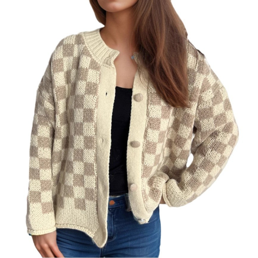 Damen gemusterte Strickjacke mit großen Knöpfen und lockerem Schnitt Drune
