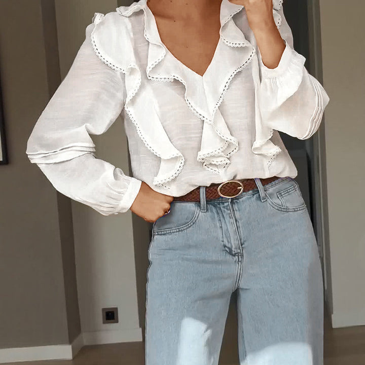 Damen Bluse mit Rüschendetails und elegantem V-Ausschnitt Drune