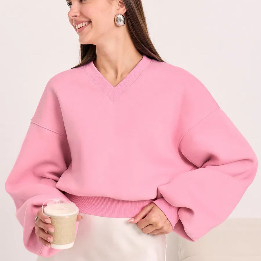 Damen Modischer Oversized-Sweater mit V-Ausschnitt und weiten Ärmeln Drune