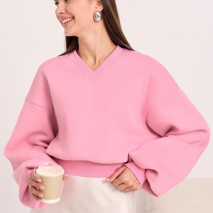 Damen Modischer Oversized-Sweater mit V-Ausschnitt und weiten Ärmeln Drune