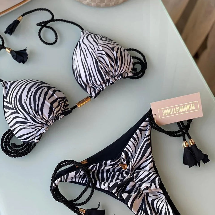 Damen Triangel-Bikini mit modischem Leopardenmuster und dekorativen Quasten Drune