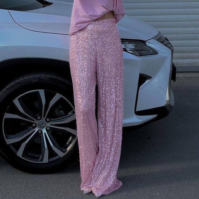 Damen Glitzernde Palazzo-Hose mit weitem Bein Drune