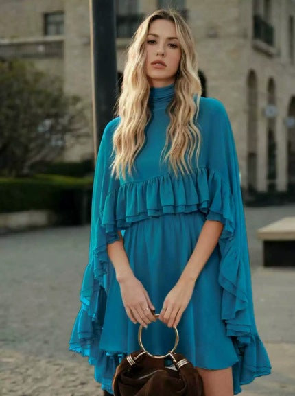Damen Elegantes Rüschendress mit hochgeschlossenem Ausschnitt und fließendem Schnitt Drune