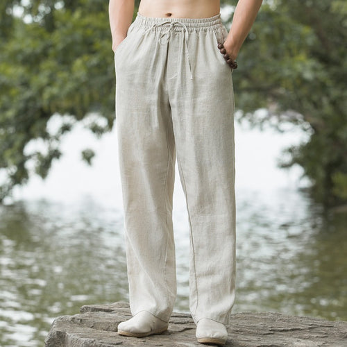 Herren nan leichte Leinenhose mit elastischem Bund weites Bein und seitlichen Eingrifftaschen Drune