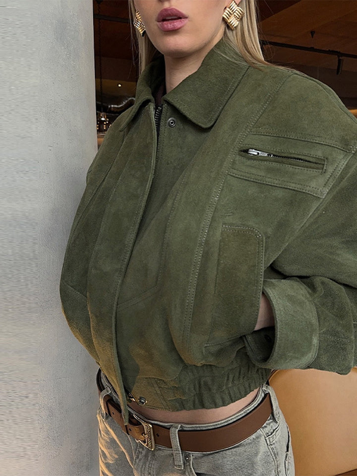 Damen Modische Wildlederjacke im cropped Stil mit praktischen Taschen Drune