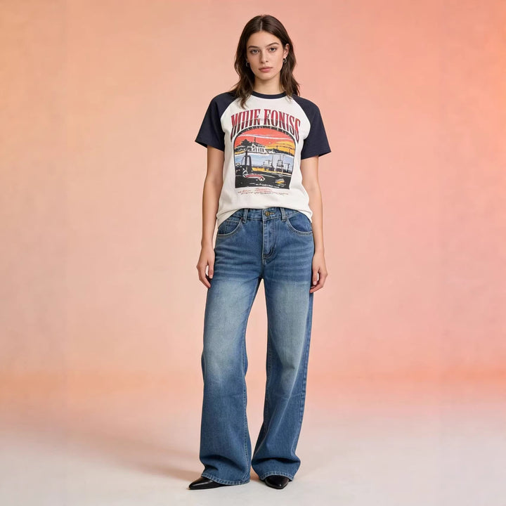 Damen nan hochgeschnittene Weitbein-Jeans mit tonaler Seitennaht und verwaschenem Verlauf Drune