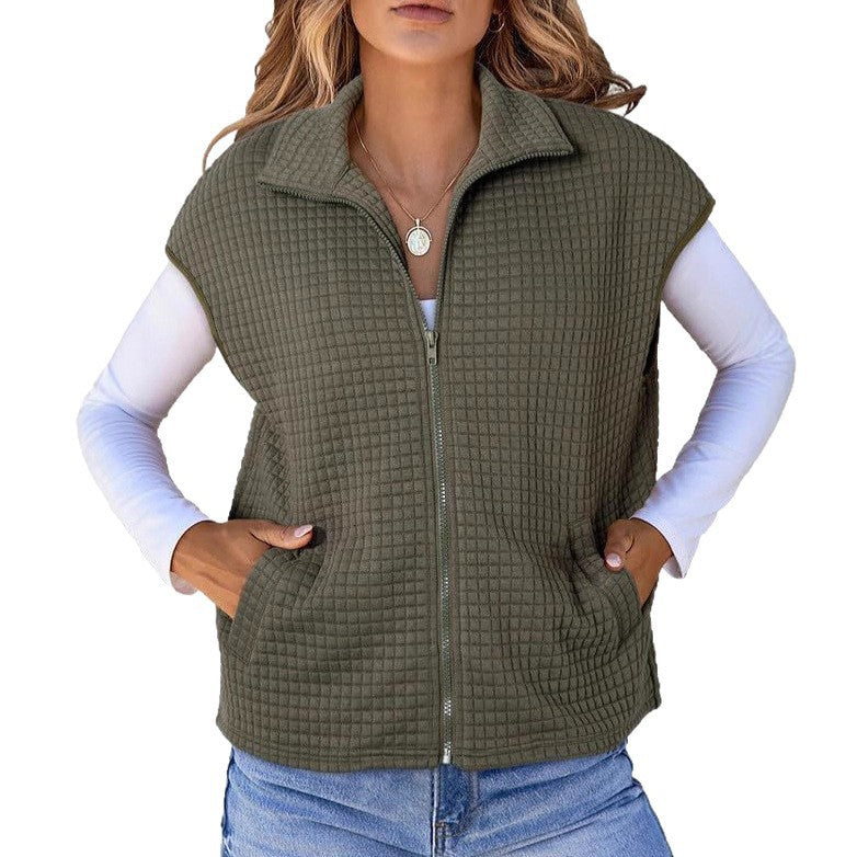 Damen Leichte Waffelstrick Weste mit Taschen und Stehkragen Drune