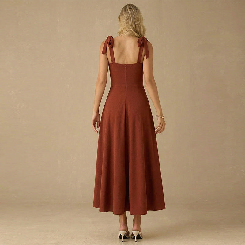 Damen Maxikleid mit niedlichen Schleifen-Trägern und gerafftem Oberteil Drune