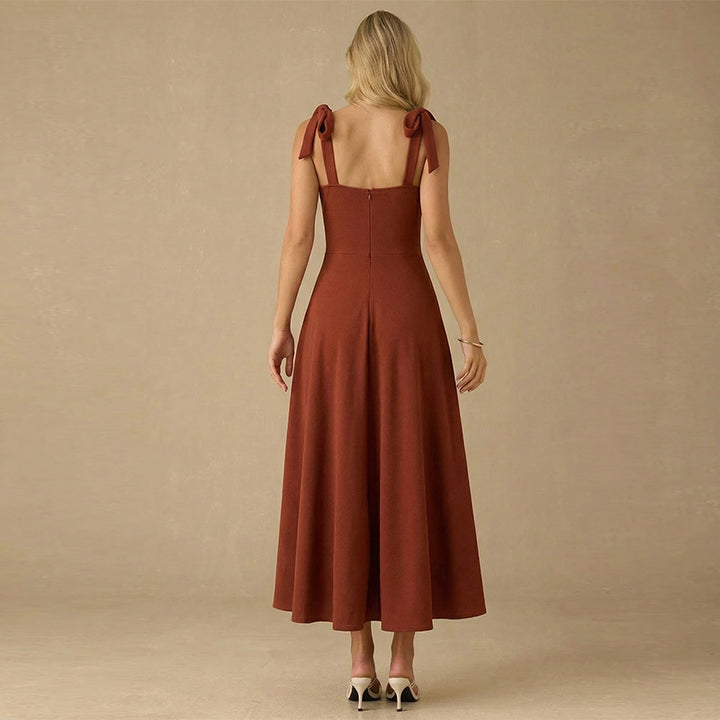 Damen Maxikleid mit niedlichen Schleifen-Trägern und gerafftem Oberteil Drune
