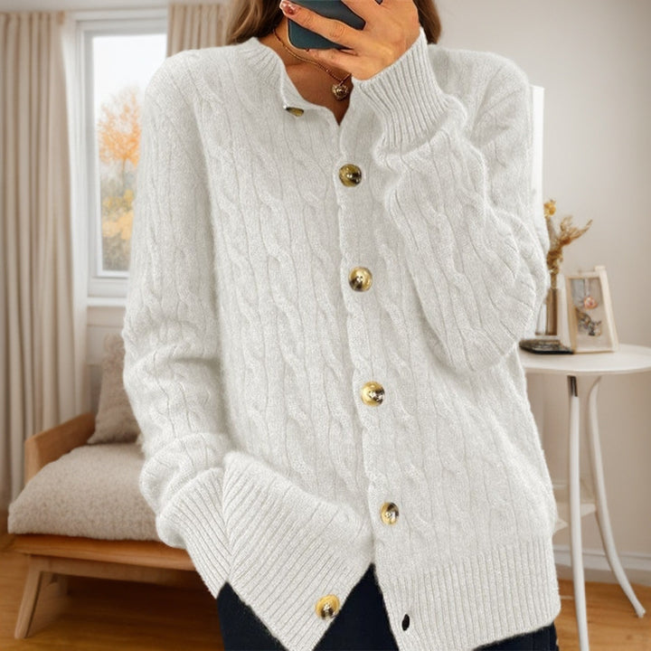 Damen Kaschmir Strickjacke mit Knopfverschluss und strukturiertem Zopfmuster Drune