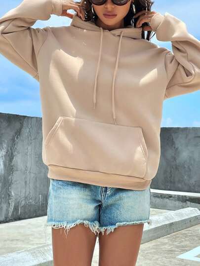 Damen nan cropped Oversize-Hoodie mit tiefer Schulterpartie, Kängurutasche und fleecegefüttertem Innenleben Drune