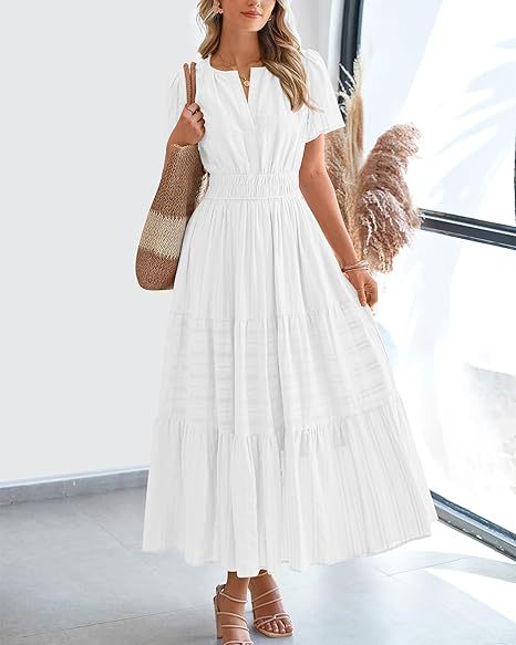 Damen langes Sommerkleid mit elastischem Taillenbund und raffiniertem Faltenwurf Drune