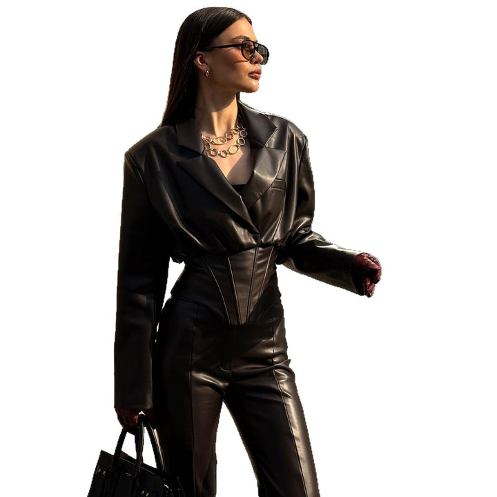 Damen Elegantes Lederanzug mit modischem Blazer und schmal geschnittenen Hosen Drune