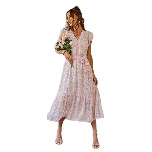 Damen Maxikleid mit tiefem V-Ausschnitt und schwingendem Rock Drune