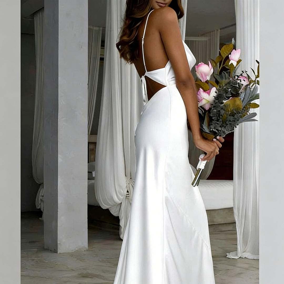 Damen Elegantes Satin-Hochzeitskleid mit tiefem V-Ausschnitt und schmalen Spaghettiträgern Drune