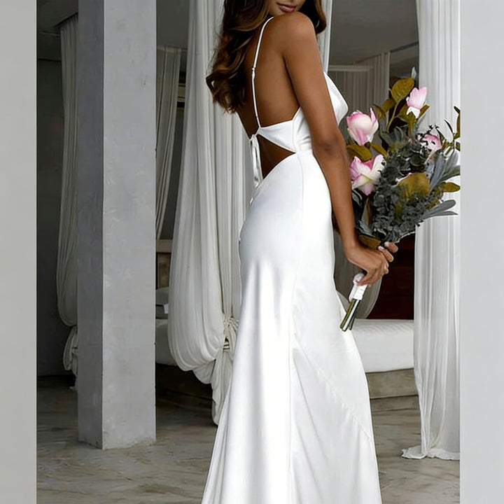 Damen Elegantes Satin-Hochzeitskleid mit tiefem V-Ausschnitt und schmalen Spaghettiträgern Drune