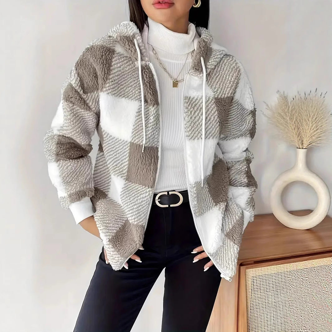 Damen Kuschelige Kapuzenjacke im Karodesign Drune