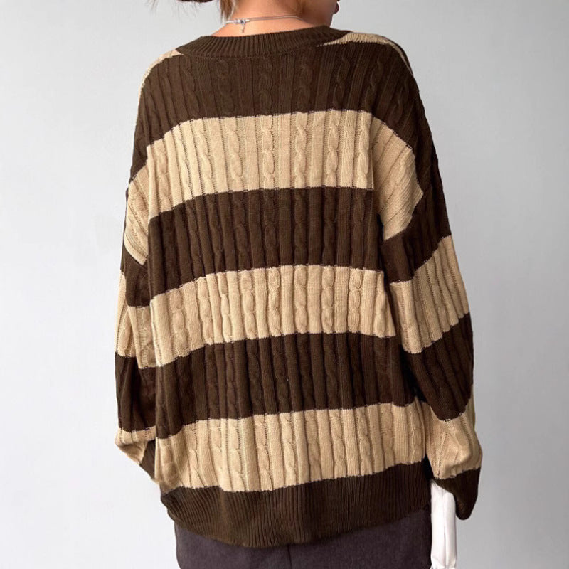 Damen Grobstrickpullover mit modischem V-Ausschnitt und buntem Streifenmuster Drune