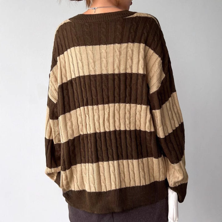 Damen Grobstrickpullover mit modischem V-Ausschnitt und buntem Streifenmuster Drune