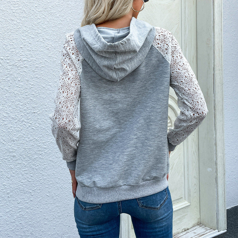 Damen Hoodie mit Spitzenärmeln und praktischer Kängurutasche Drune