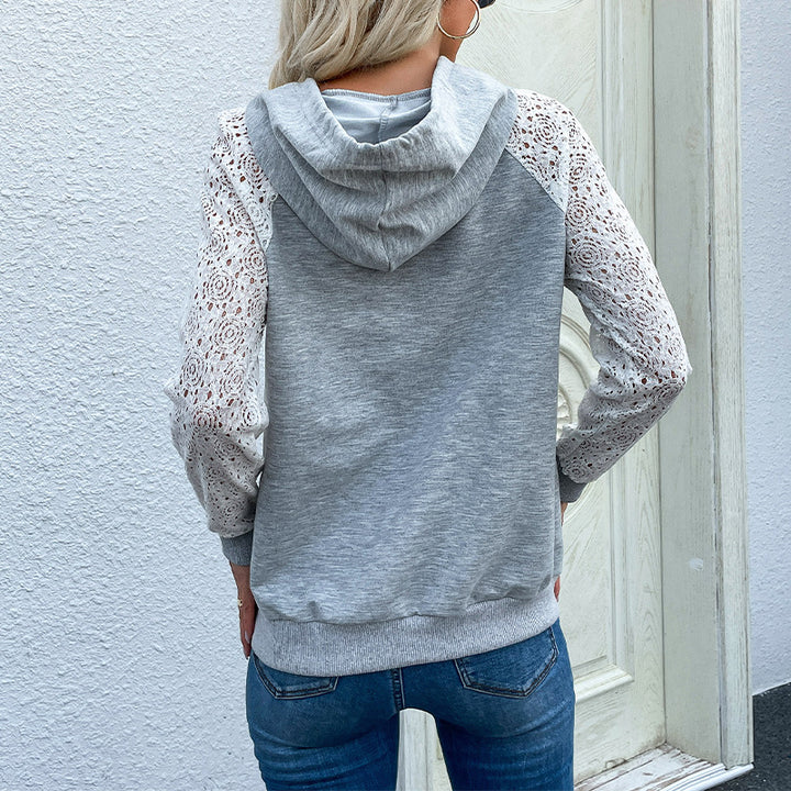Damen Hoodie mit Spitzenärmeln und praktischer Kängurutasche Drune
