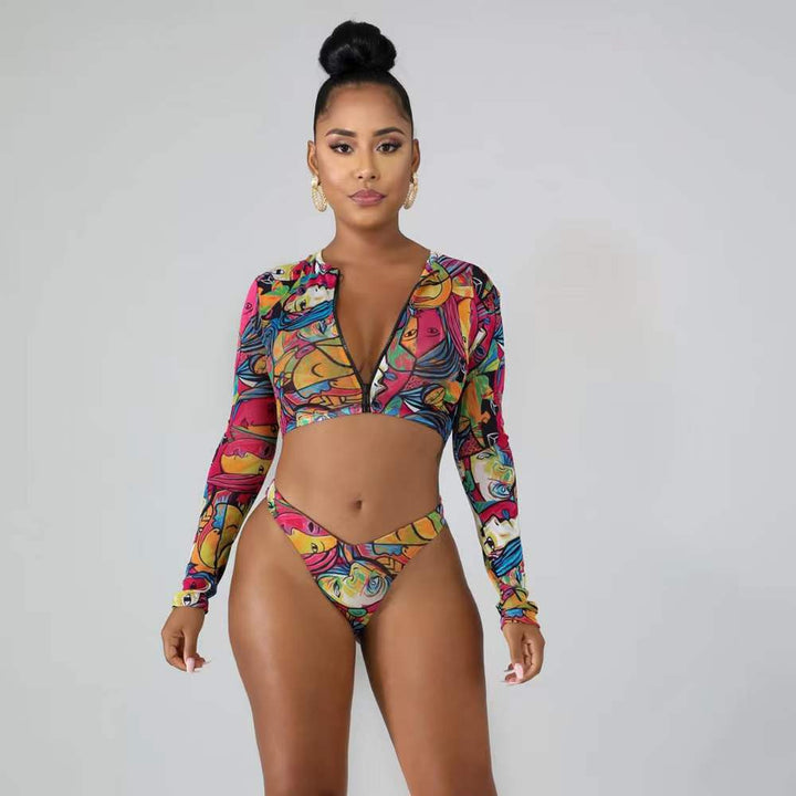 Damen Surf-Bikini-Set mit langärmeligem Oberteil und modischem Reißverschluss Drune