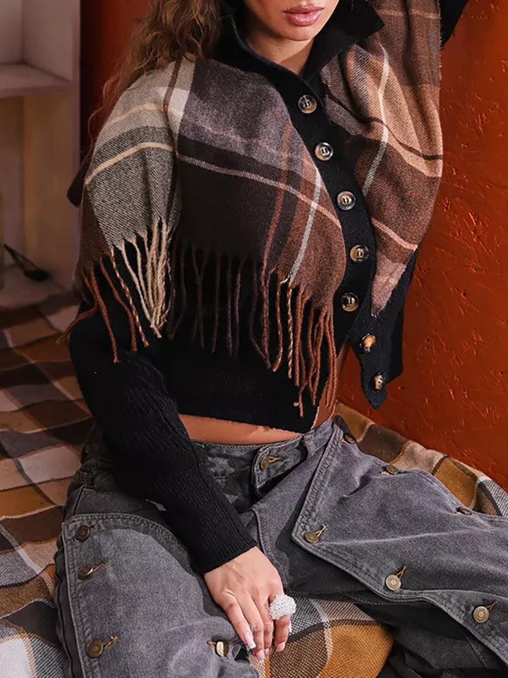 Damen eleganter Cardigan mit Fransen und dekorativen Knöpfen Drune