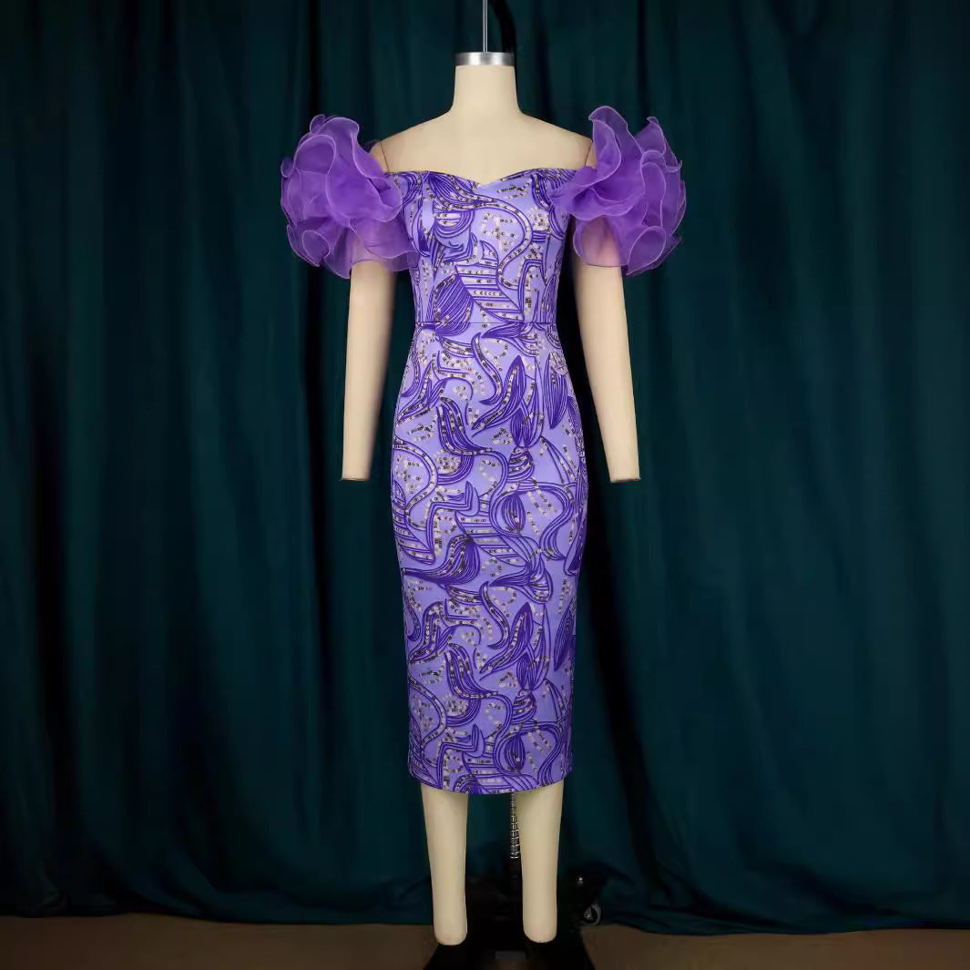 Damen Elegantes Midi-Kleid mit innovativen Puffärmeln und kunstvollem Druck Drune