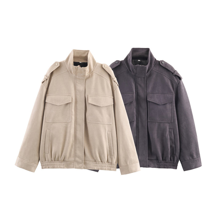 Damen Oversized Utility-Jacke mit praktischen Taschen und hohem Kragen Drune