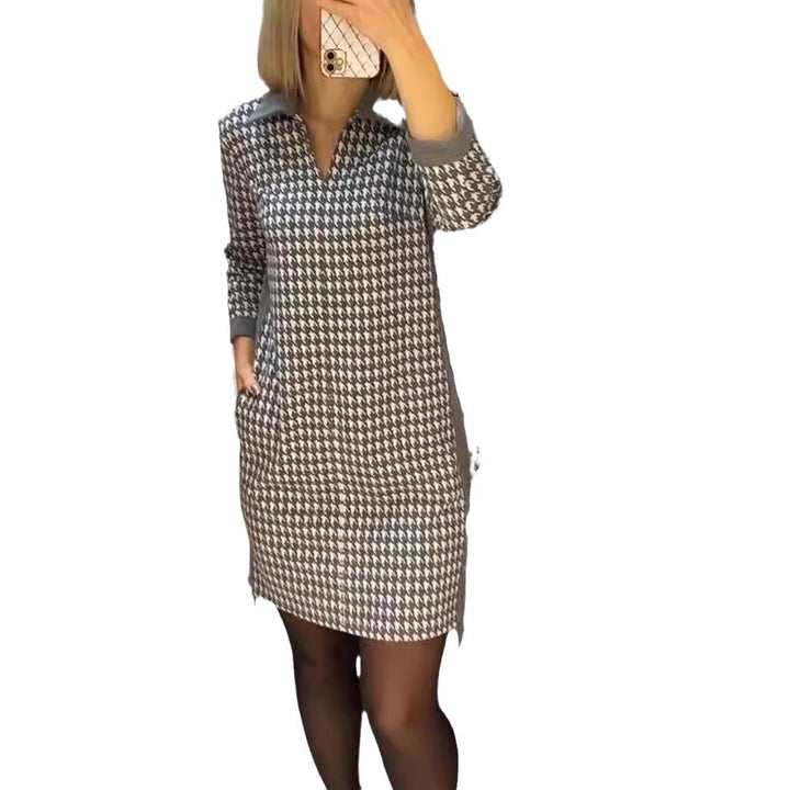 Damen nan Hahnentritt-Strickkleid mit umgelegtem Kragen, V-Ausschnitt, Eingrifftaschen und seitlichen Schlitzen Drune