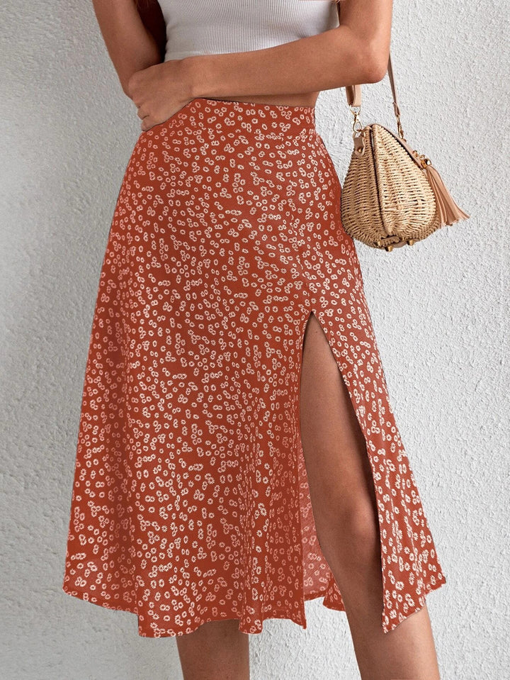 Damen Midi-Rock mit asymmetrischem Schlitz und floralem Muster Drune