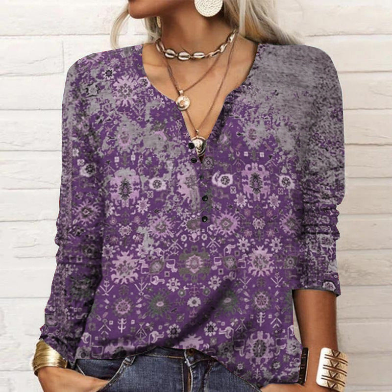 Damen Langarmshirt mit detailliertem Druck und Knopfleiste Drune