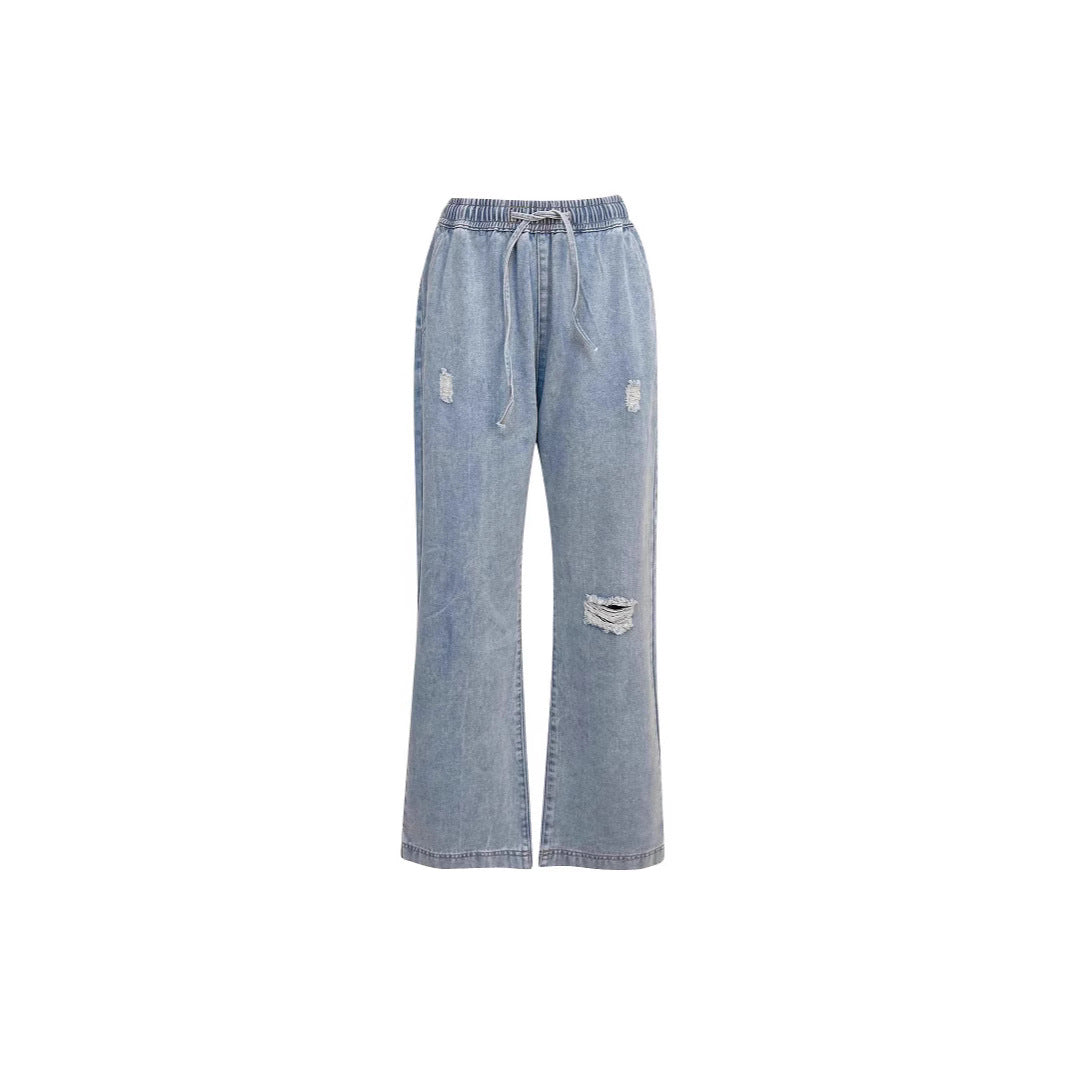 Damen lässige weite Denim-Hose mit elastischem Bund Drune
