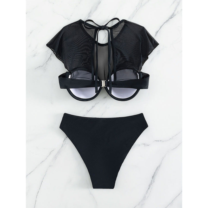 Damen Sport-Bikini-Oberteil mit transparenten Ärmeln und hochgeschnittenem Unterteil Drune