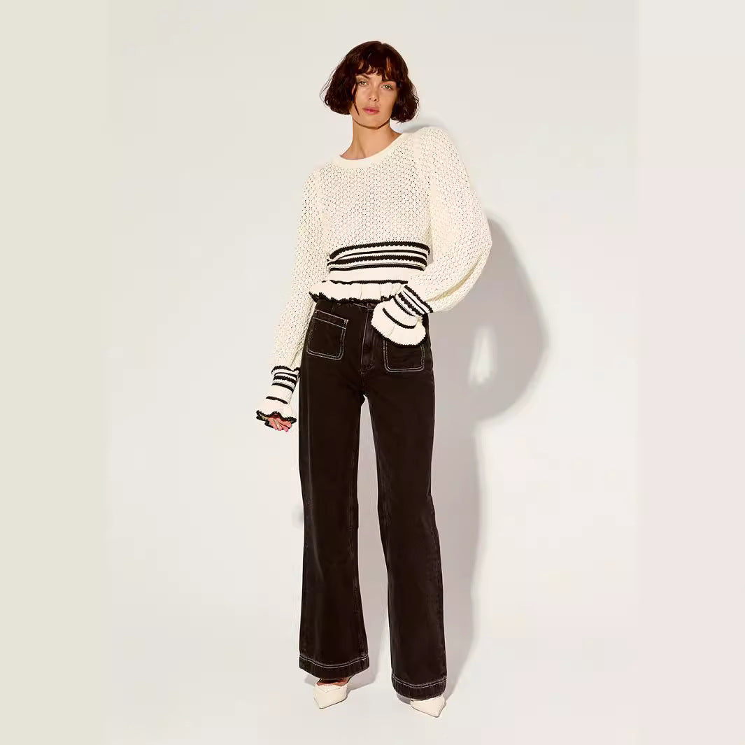 Damen lässiger Strickpullover mit Rüschendetails Drune
