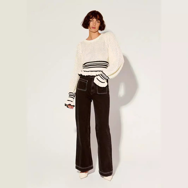 Damen lässiger Strickpullover mit Rüschendetails Drune