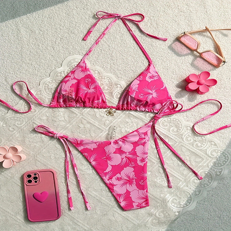 Damen Triangel-Bikini mit floralen Mustern und verstellbaren Bindebändern Drune