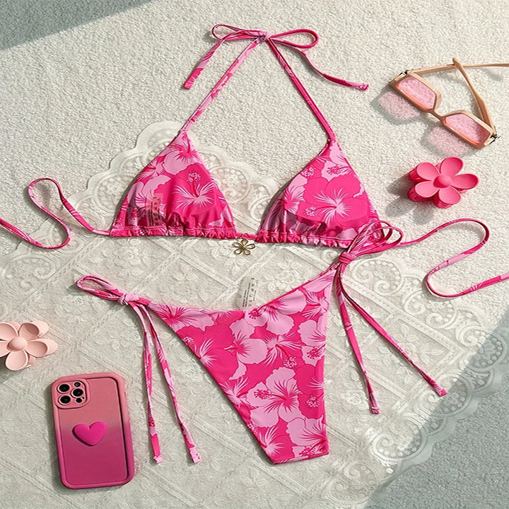 Damen Traumhafter Triangel-Bikini mit floralem Design und verspielten Schnürungen Drune