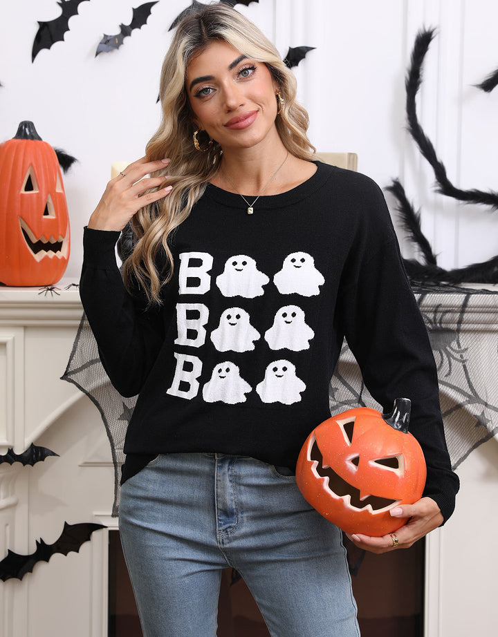 Damen Gestrickter Halloween-Pullover mit Geistermotiv und weitem Schnitt Drune