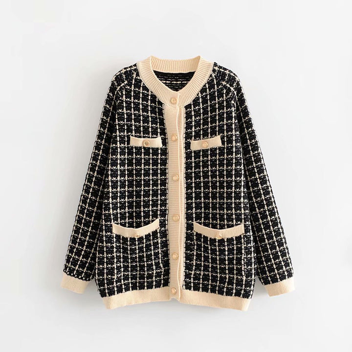 Damen Strickjacke mit Modischem Karomuster und Knopfdetails Drune