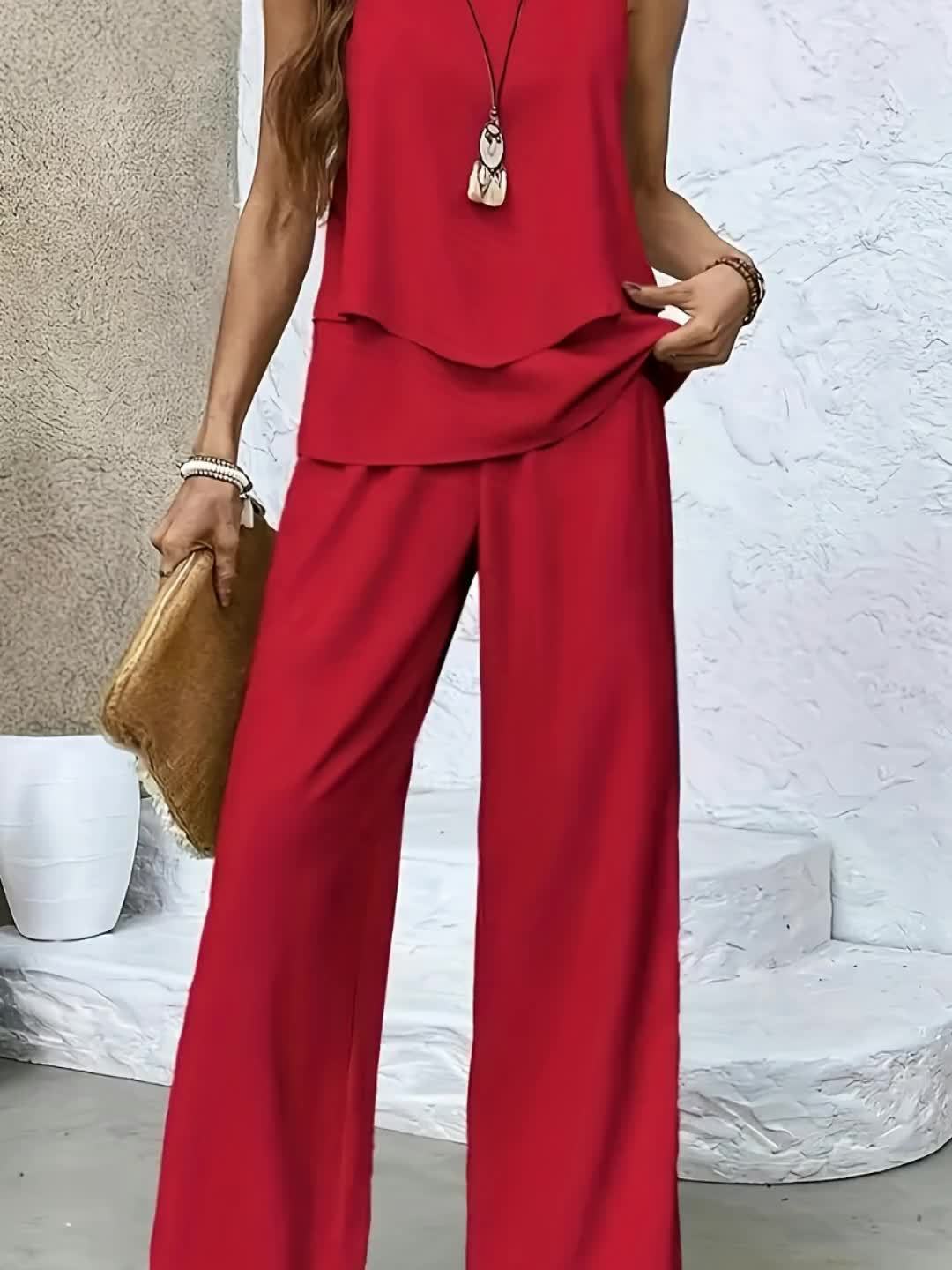 Damen elegantes Zweiteiliges Outfit mit fließendem Schnitt und weit geschnittenen Hosen Drune
