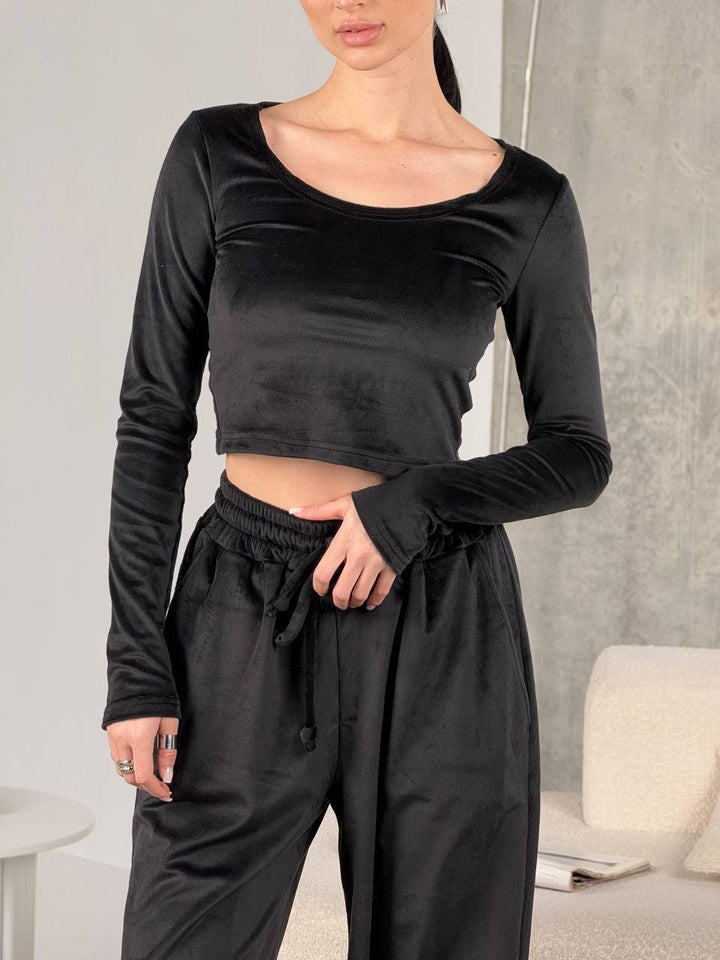 Damen trendiger Cropped-Langarmshirt- und Jogginghose-Set Drune