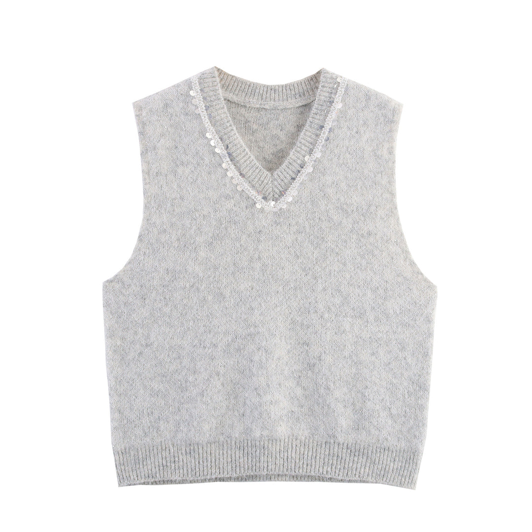 Damen eleganter Strickpullover ohne Ärmel mit funkelnden Applikationen Drune