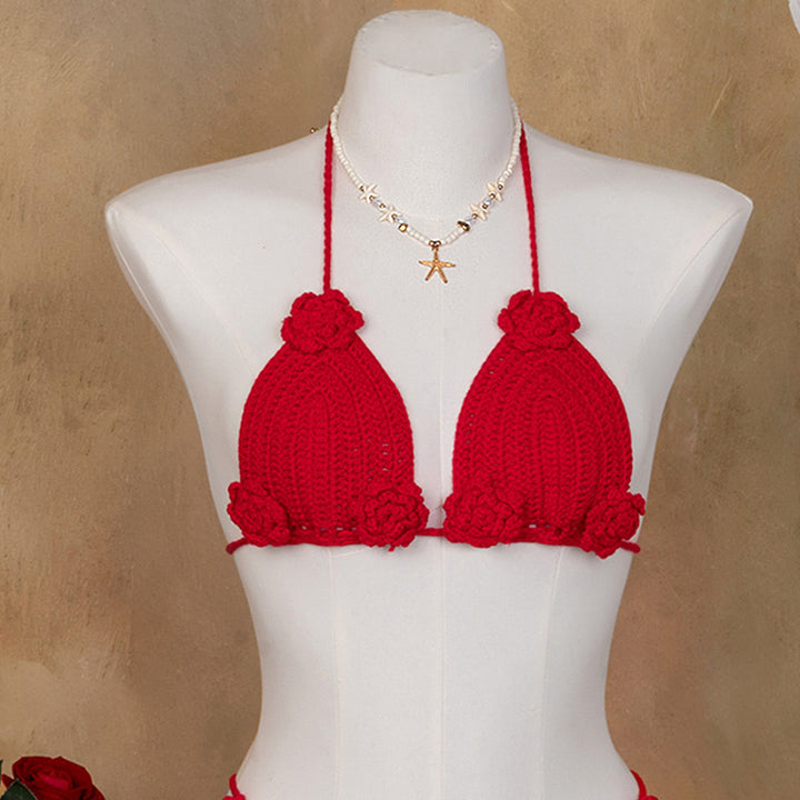 Damen Häkel-Bikini-Oberteil mit floralen Akzenten und verstellbaren Trägern Drune