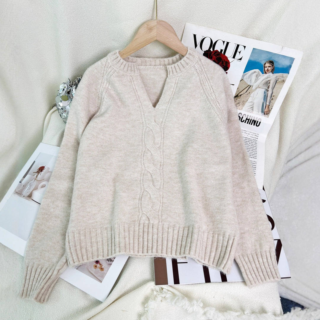 Damen Strickpullover mit tiefem V-Ausschnitt und Zopfmuster Drune