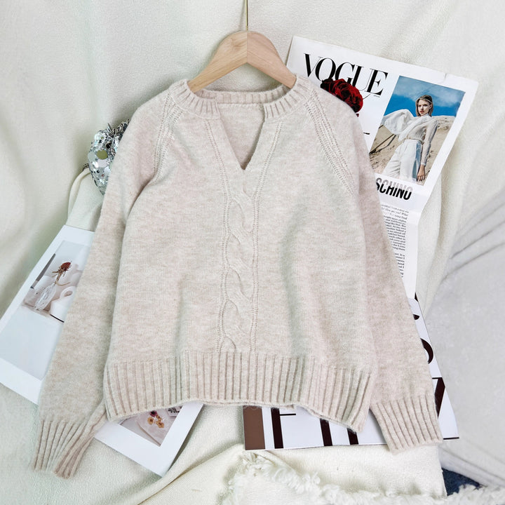 Damen Strickpullover mit tiefem V-Ausschnitt und Zopfmuster Drune