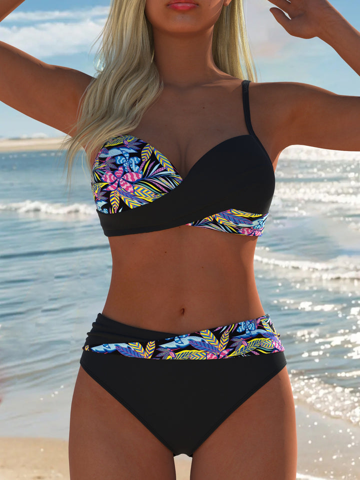 Damen Balconette-Bikini mit trendy Palmendruck und eleganter Ring-Detaillierung Drune