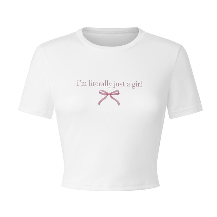 Damen Crop-T-Shirt mit kreativem Schriftzug und Schleifendetail Drune