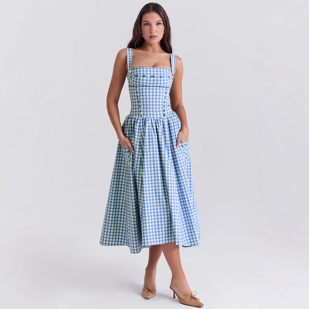 Damen Midikleid im klassischen Karomuster mit elastischem Oberteil und praktischen Taschen Drune